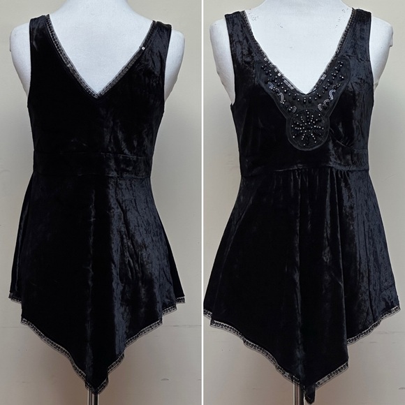 Express Tops - Express Black Velvet Beaded Handkerchief Hem Sleeveless Top Size Small